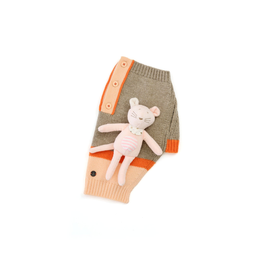 Mungo & Maud Luxury Dog & Cat Outfitters Obi Merino Cashmere Dog Pullover Beige Orange Mae the Mini Mouse Dog Toy Pink