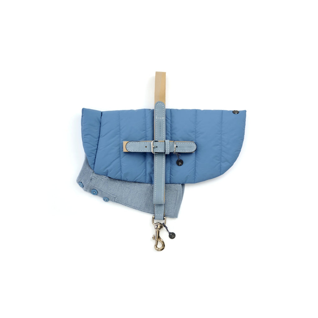 Mungo & Maud Luxury Dog & Cat Outfitters Baseball Cotton Suede Dog Collar & Lead Beige Blue Beetle Dog Coat Blue