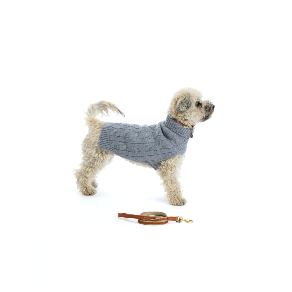 Mungo & Maud Luxury Dog & Cat Outfitters Cable Cashmere Dog Pullover Grey Bonbon Leather Dog Lead Brown